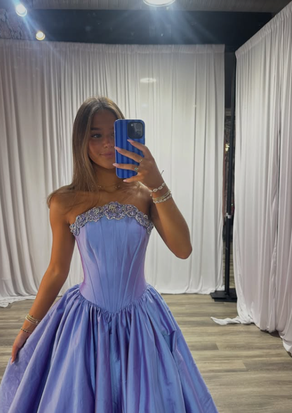 Dreamy Purple A Line Strapless Exquisite Beaded Satin Long Prom Dress Evening Dress DP7120