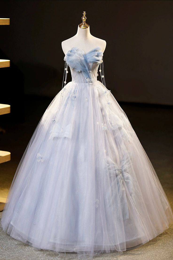 Fairy Blue Tulle Floor Length Prom Dress Off the Shoulder Evening Party Dress DP625