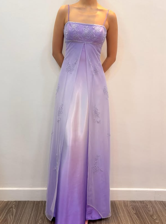 Vintage Lilac Ombre A Line Beaded Tulle Satin Prom Dress Evening Dress Date Dress DP5274