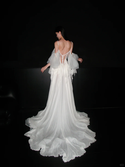 Graceful Flowing A Line Beaded White Chiffon Long Wedding Dress DP5207