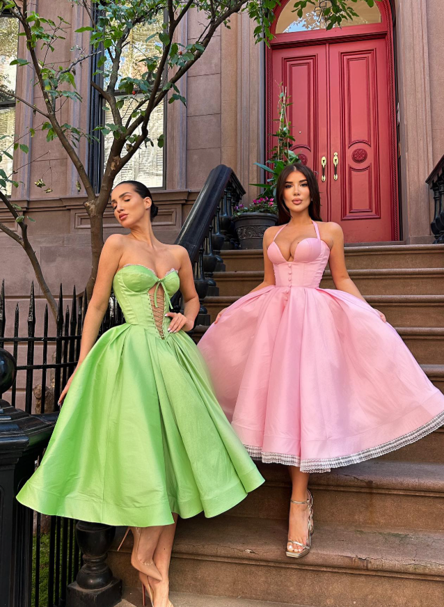 Pink A Line Halter Satin Tea Length Prom Dress Evening Dress DP5397