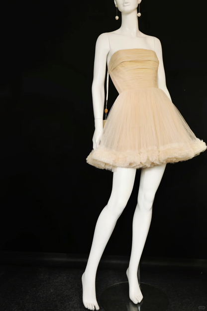 Cute A Line Strapless Apricot Tulle Short Homecoming Dress Date Dress DP4760