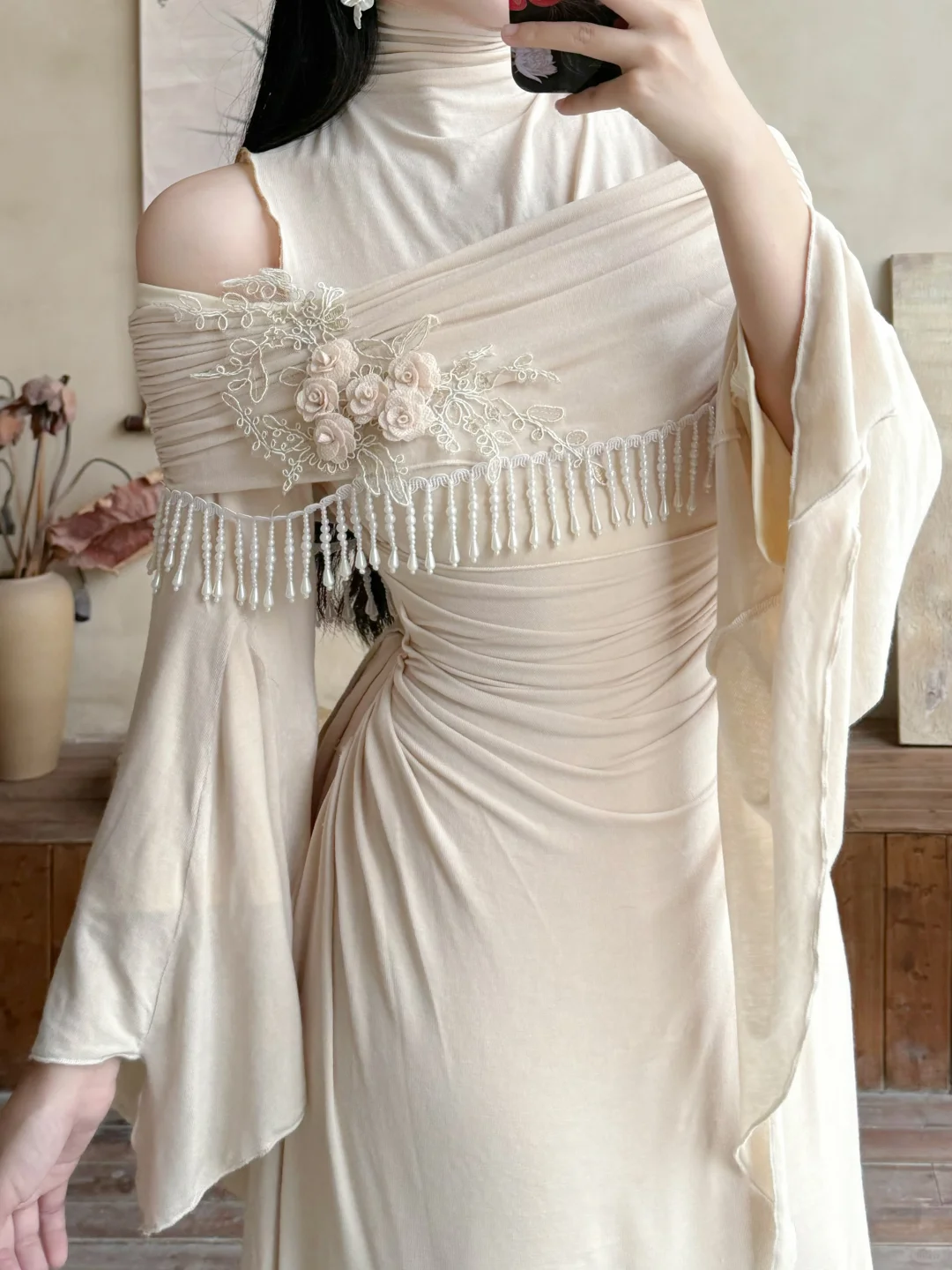 Vintage A Line Long Sleeve Beaded Apricot Satin Long Prom Dress Evening Dress DP6465