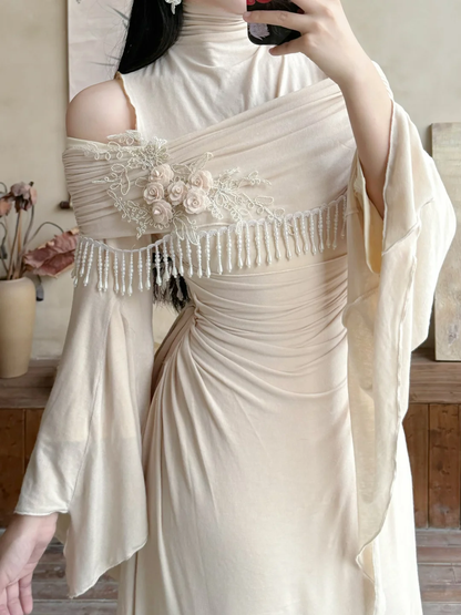 Vintage A Line Long Sleeve Beaded Apricot Satin Long Prom Dress Evening Dress DP6465
