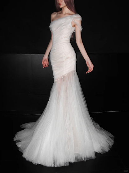 Dreamy Mermaid One Shoulder Tulle Wedding Dress DP5205