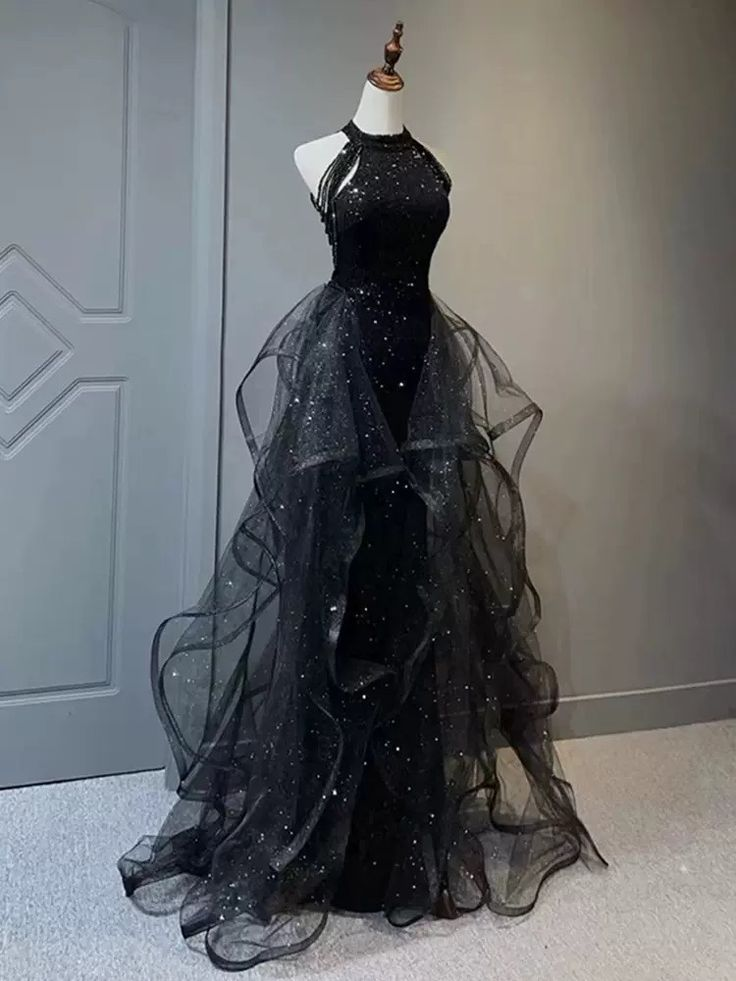 Sparkly Black Long Prom Dress Wedding Party Sequin Tulle Ruffles Evening Dress DP299