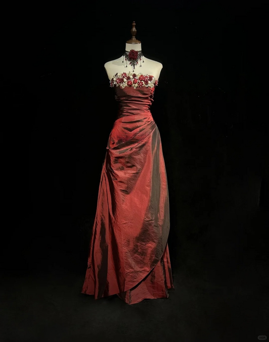 Vintage A Line Strapless 3D Flower Burgundy Satin Prom Dress Party Dress DP2771