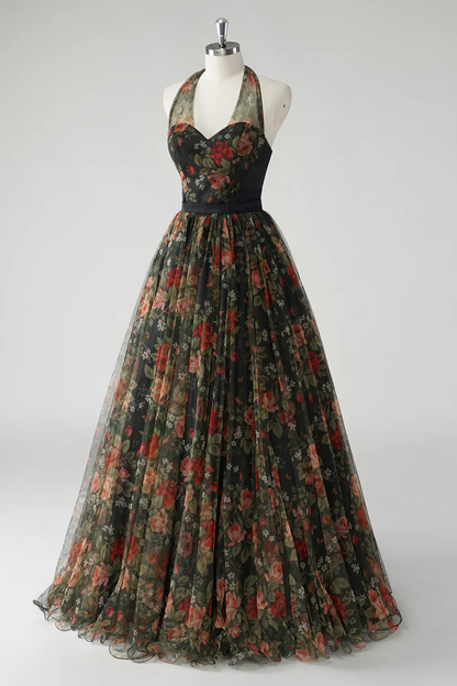 Vintage A Line Halter Print Floral Chiffon Long Prom Dress Evening Dress DP1480