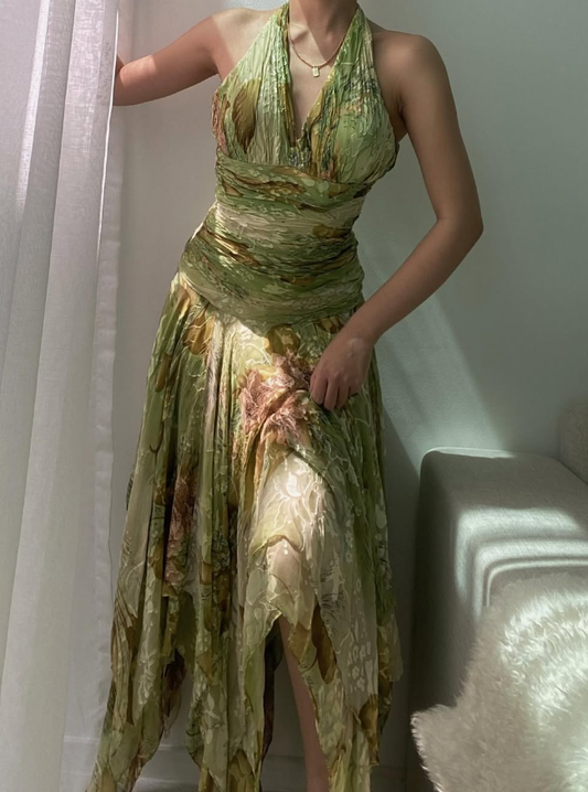 Vintage A Line Halter Green Satin Open Back Prom Dress Evening Dress DP1529