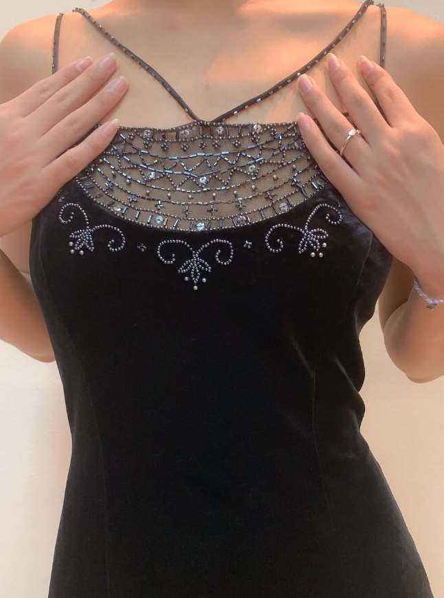 Vintage Sheath Spaghetti Strap Beaded Black Velvet Prom Dress Evening Dress DP1617