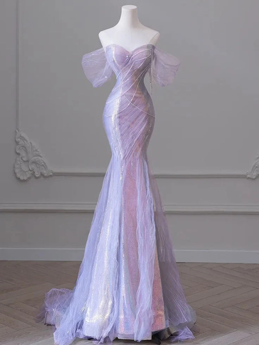 Dreamy Purple Mermaid Off the Shoulder Beaded Sequin Tulle Long Prom Dress Evening Dress Date Dress DP3110