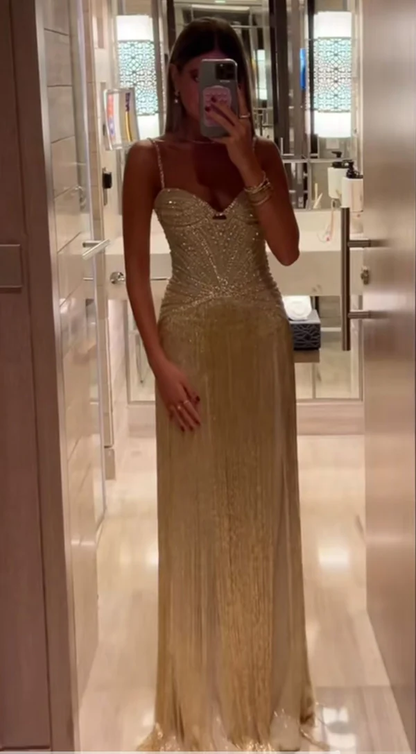 Gold A Line Spaghetti Straps Beaded Satin Long Prom Dress Evening Dress DP4807