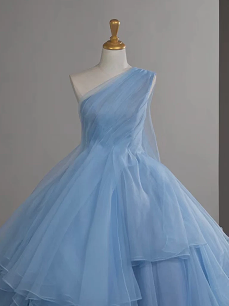 Blue One Shoulder Tulle Long Prom Dress Evening Dress DP633