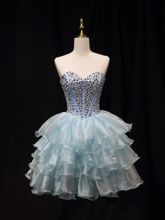 Luxurious Blue Tulle Beaded Short Party Dress Strapless Homecoming Dress DP565