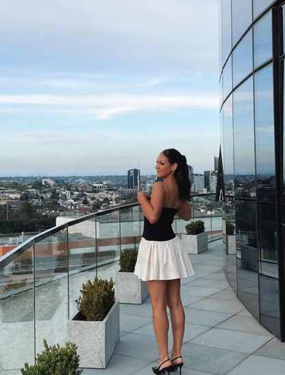 Black-white A Line Strapless Simple Satin Short Prom Dress Homecoming Dress DP7463