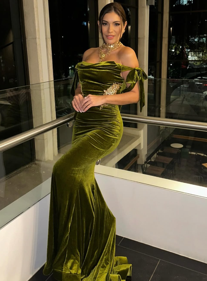 Elegant Mermaid Off the Shoulder Green Velvet Prom Dress Evening Dress DP1594