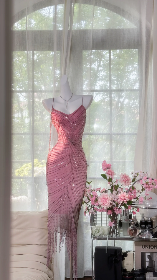 Charming Sheath Spaghetti Strap Beaded Pink Chiffon Party Dress Homecoming Dress DP2440