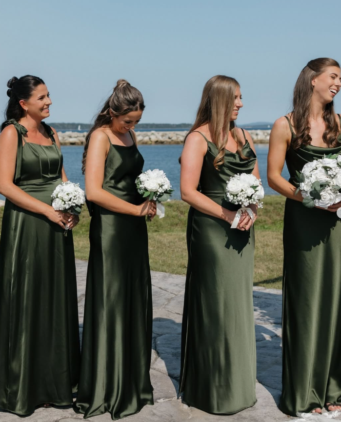 Hunter Green A Line Straps Satin Long Prom Dress Bridesmaid Dress with Slit DP4983