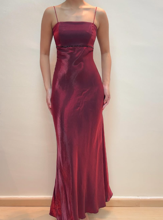 Simple Vintage Sheath Spaghetti Strap Beaded Burgundy Prom Dress Evening Dress DP1800