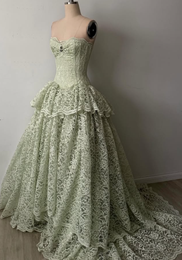 Vintage Light Green A Line Sweetheart Neck Lace Long Prom Dress Evening Dress DP7887