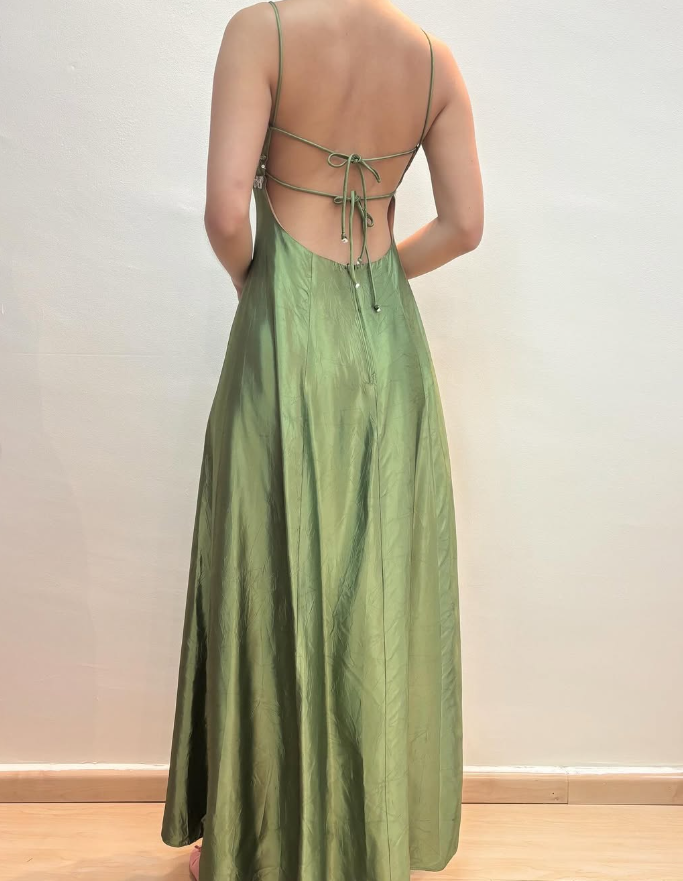 Vintage A Line Spaghetti Strap Beaded Sequin Green Satin Long Prom Dress Evening Dress DP1716