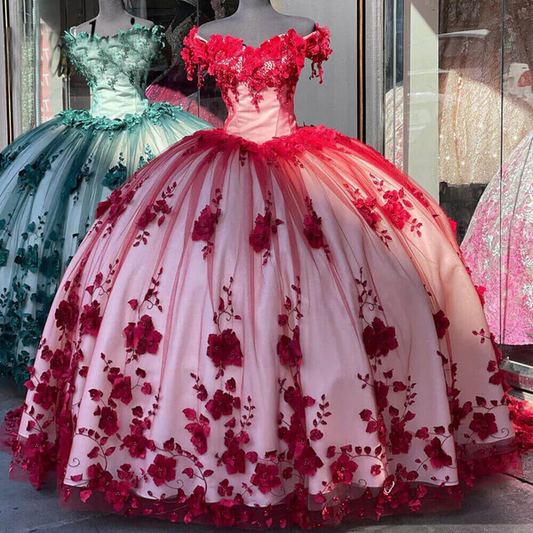 Beautiful Red Off The Shoulder 3D Flowers Sweet 16 Ball Gown Quinceanera Dress DP691