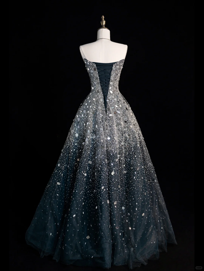 Gorgeous A Line Sweetheart Neck Beaded Sequin Black Tulle Long Prom Dress Evening Dress DP2130