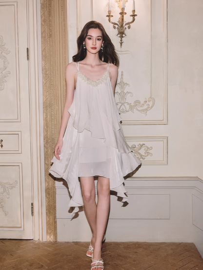 Flowy A Line Spaghetti Strap Beaded Chiffon Short Homecoming Dress Vacation Dress DP3644