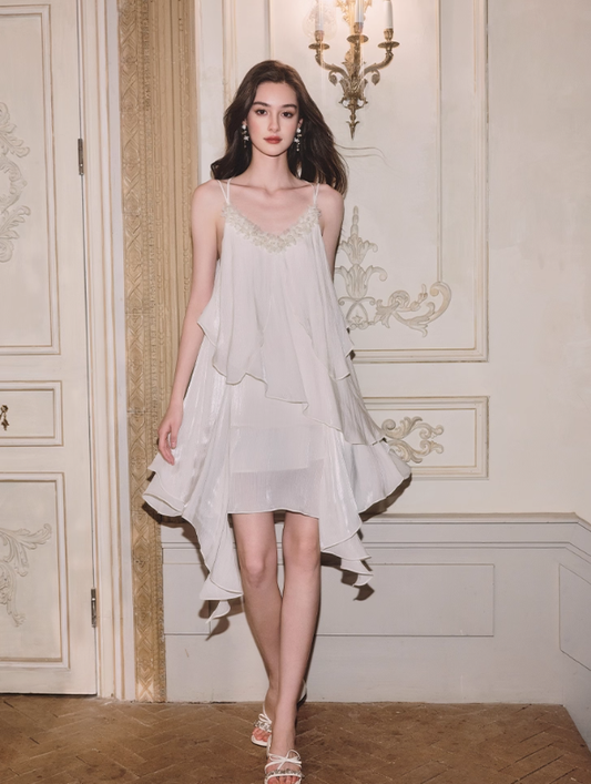 Flowy A Line Spaghetti Strap Beaded Chiffon Short Homecoming Dress Vacation Dress DP3644