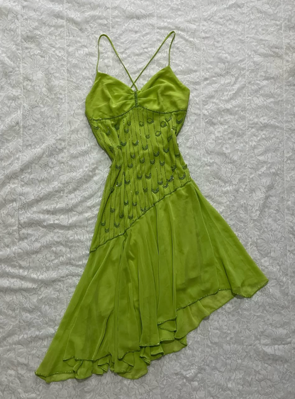 Cute Green A Line Spaghetti Strap Beaded Chiffon Open Back Prom Dress Graduation Prom Dress DP2258