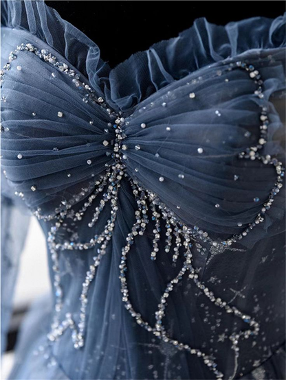 Blue Tulle Beaded Long Fairy Ball Gown Long Sleeves Tulle Prom Dress Quinceanera Dress DP306