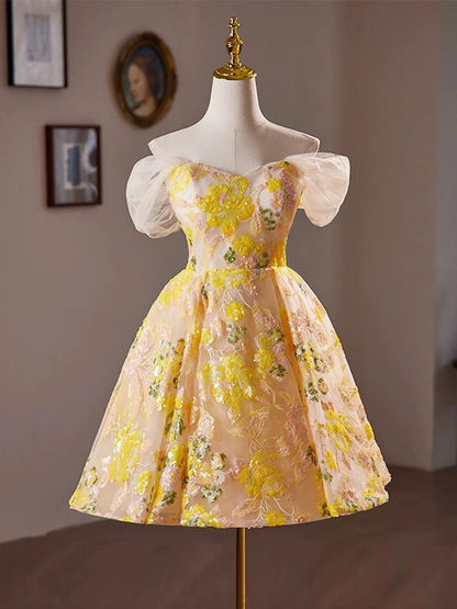 Sparkly Off Shoulder Tulle Sequin Short Prom Dress Yellow Homecoming Dress DP618