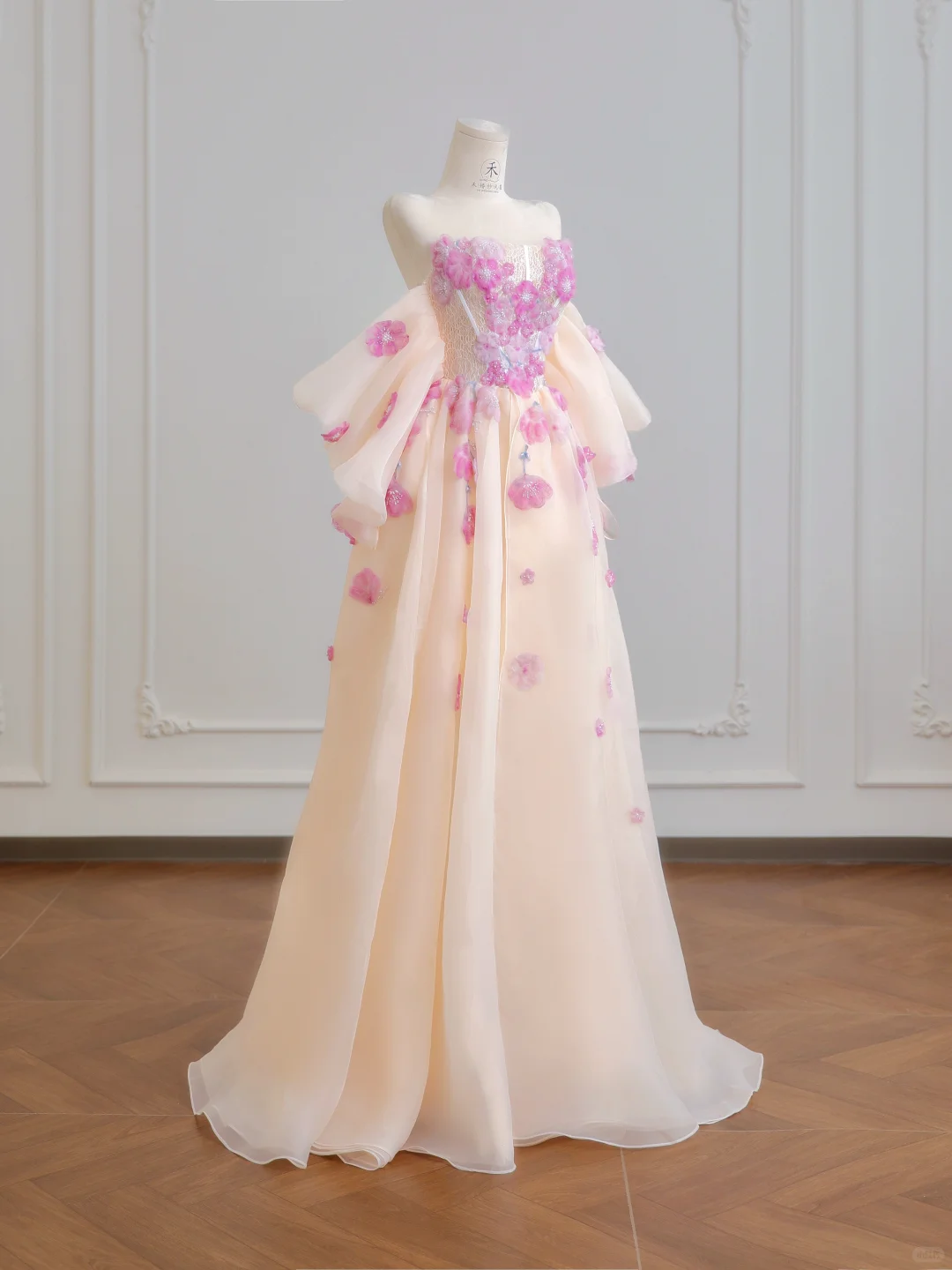 Classy A Line Strapless Pink Floral Organza Long Prom Dresses DP4181