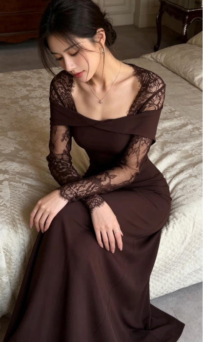 Elegant Brown Sheath Long Sleeve Lace Satin Prom Dress Date Dress DP5102