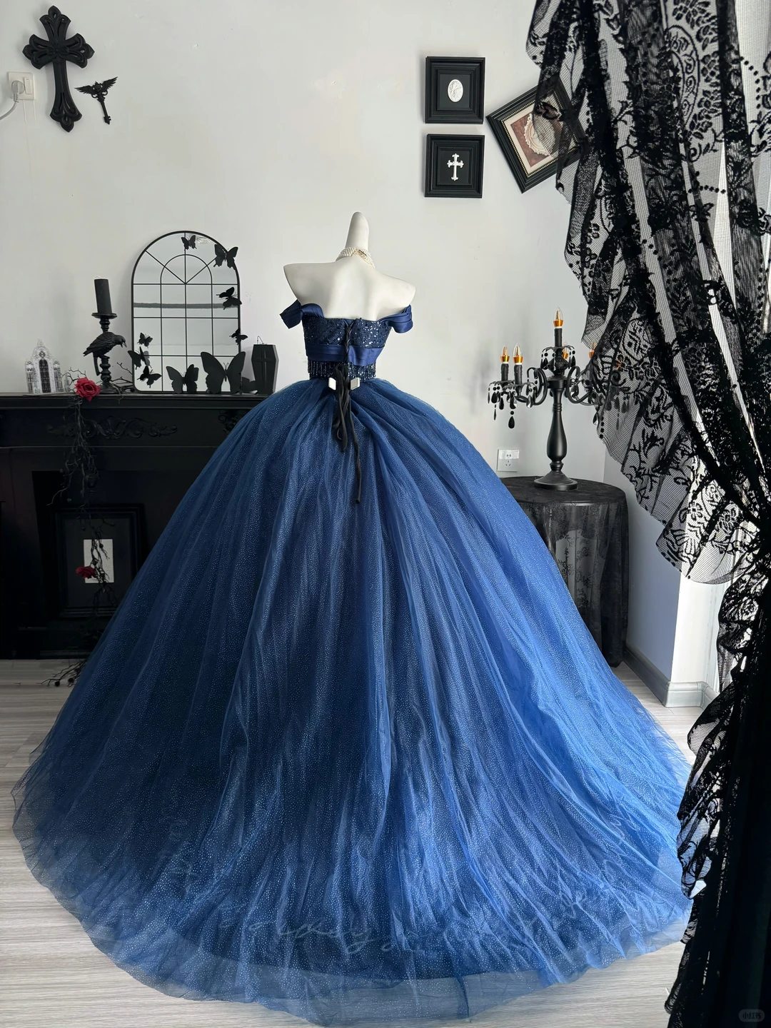 Navy Blue Ball Gown Off the Shoulder Beaded Sequin Prom Dress Quinceanera Dress DP6960