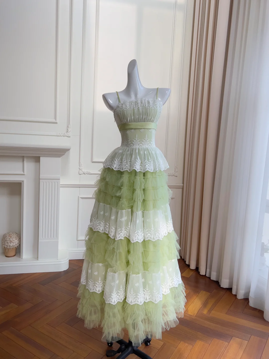 New A Line Spaghetti Strap Layered White Lace Green Tulle Party Dress Evening Dress DP2441