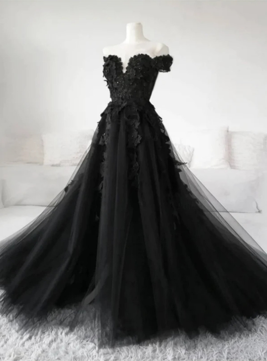 Black Lace Tulle Appliques Long Prom Dress Off The Shoulder Evening Dress Wedding Dress DP270