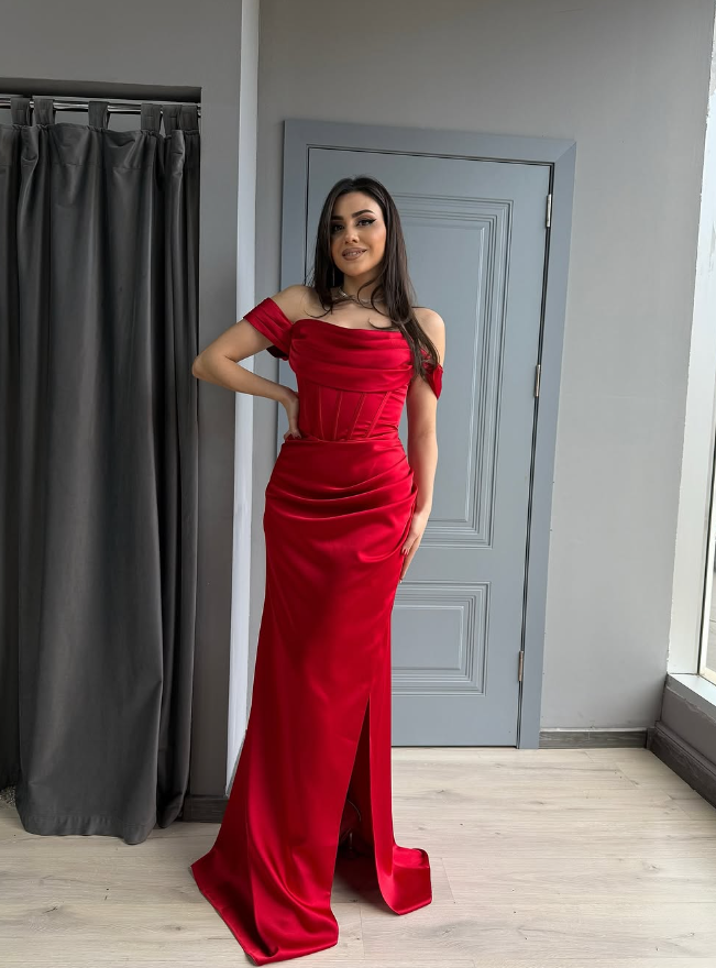 Charming Mermaid Off the Shoulder Corset Red Satin Prom Dress Evening Dress DP1834