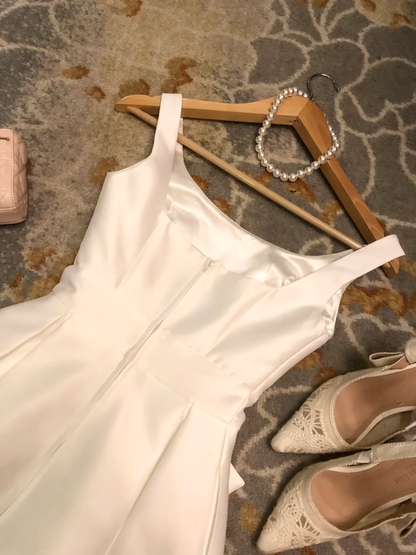 Simple White A Line Straps Bow Satin Short Homecoming Dress Birthday Dress DP2713