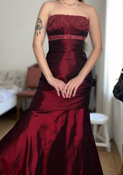Vintage Burgundy Mermaid Strapless Beaded Satin Prom Dress Evening Dress Date Dress DP5702