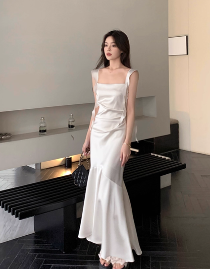 Elegant White Mermaid Straps Satin Prom Dress Formal Dress Evening Dress DP3451