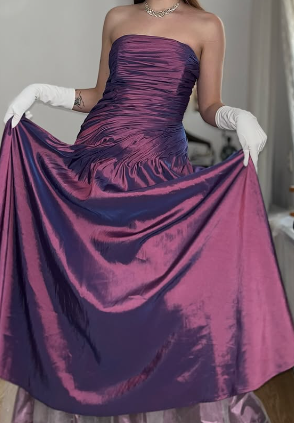Vintage A Line Strapless Pleated Purple Satin Prom Dress Evening Dress DP5721