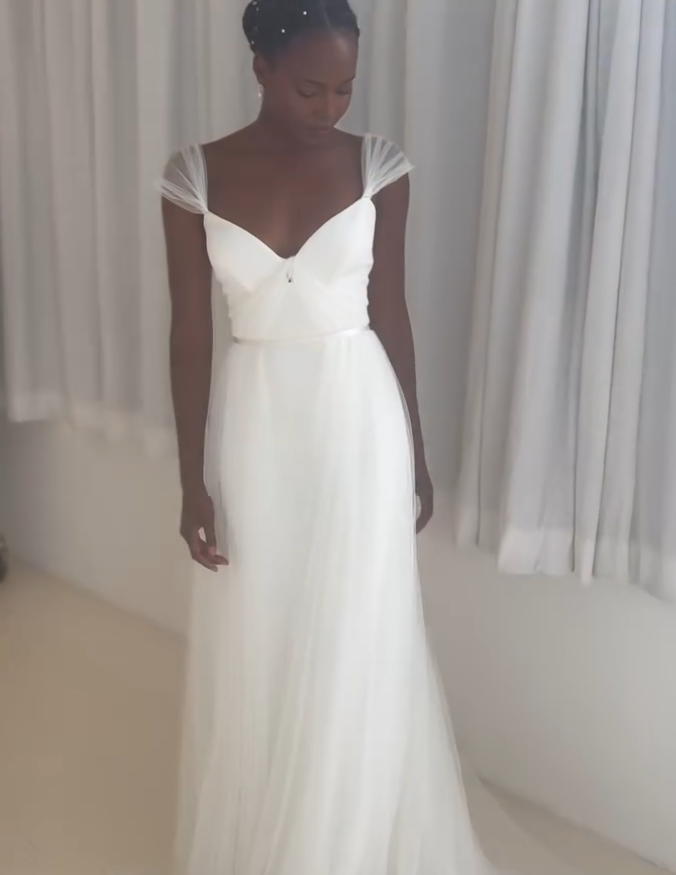 Pretty A Line Straps White Tulle Satin Long Wedding Dress DP4301