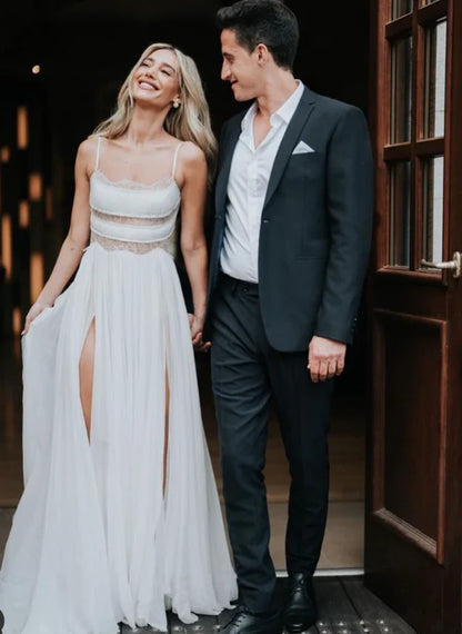 Gentle A Line Spaghetti Strap White Lace Chiffon Prom Dress Wedding Dress with Slit DP5988