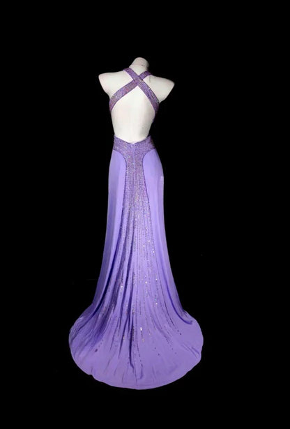Elegant Purple A Line Halter Beaded Backless Satin Prom Dress Date Dress DP5092