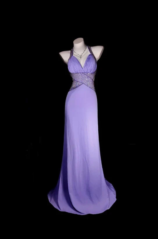 Elegant Purple A Line Halter Beaded Backless Satin Prom Dress Date Dress DP5092