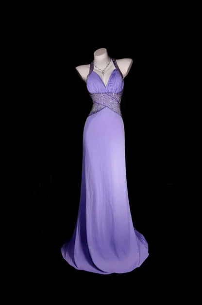 Elegant Purple A Line Halter Beaded Backless Satin Prom Dress Date Dress DP5092