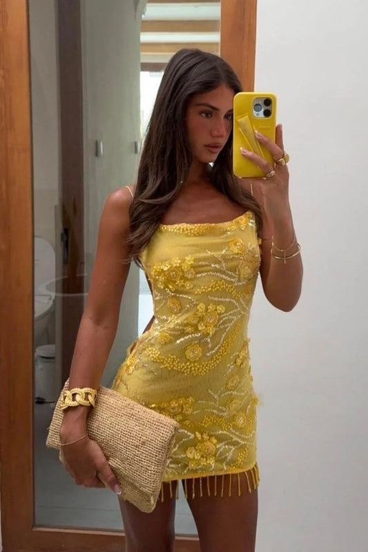 Glamorous Yellow Mini Homecoming Dress with Floral Beaded Embellishment and Fringe Trim Hem DP73345