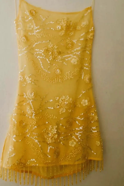 Glamorous Yellow Mini Homecoming Dress with Floral Beaded Embellishment and Fringe Trim Hem DP73345