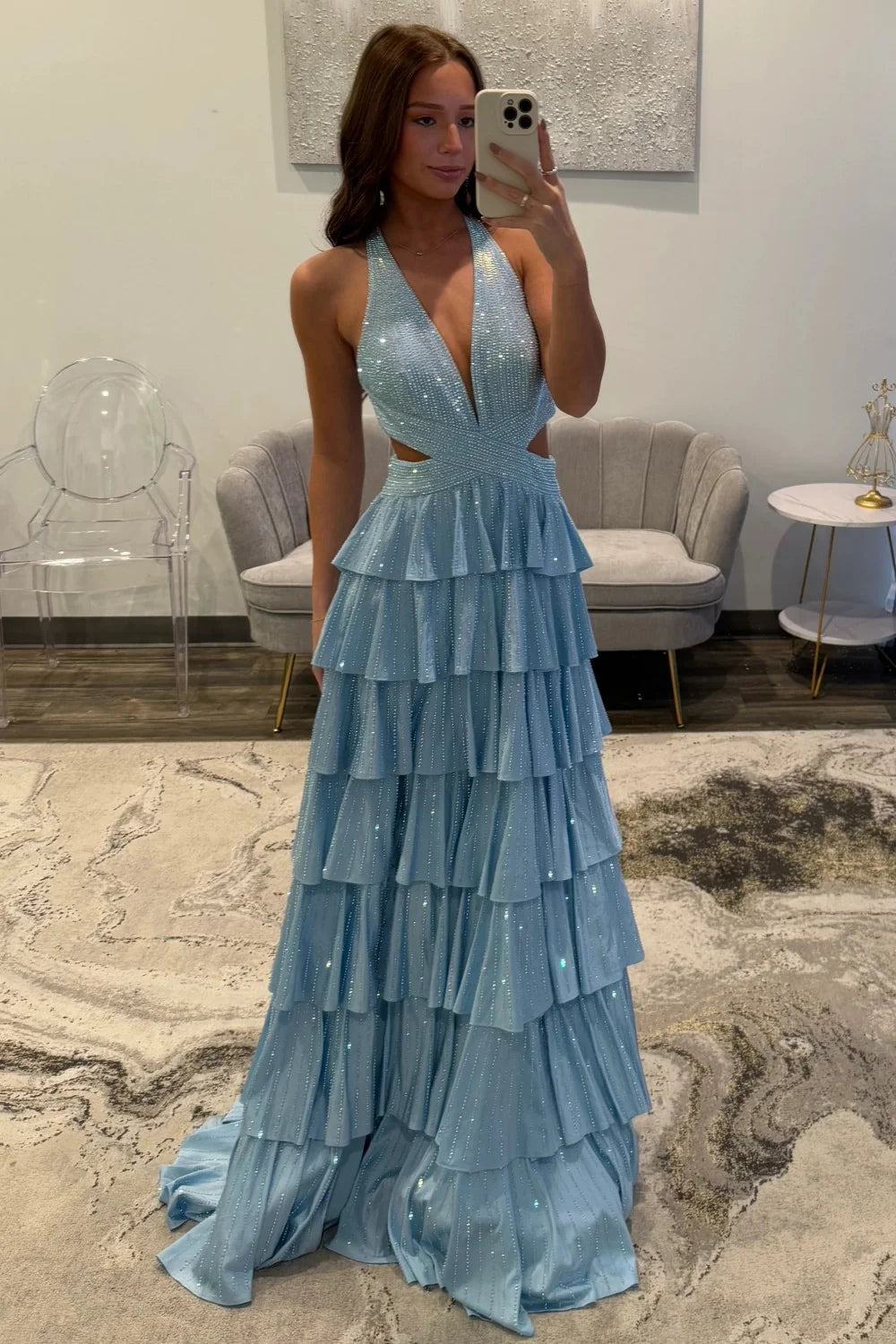 Sparkly A Line Halter Neck Long Tiered Blue Beaded Prom Dress with High Slit DP7432